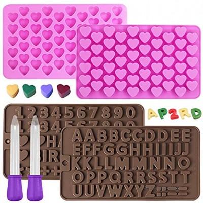 YuCool Mini-Silikonform antihaftbeschichtet Herzbuchstaben und Zahlen für Schokolade Süßigkeiten Gelee Eiswürfel mit 2 Pipetten Rosa Braun 4 Stück