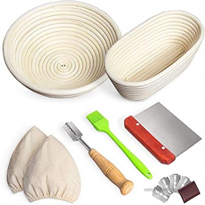 Gärkörbchen für Brot 2er-Set 22,9 cm rund & 25,4 cm ovaler Schilfrohr mit Brot-Lame + Teigschaber + Leineneinsatz + Backpinsel für Brotbackgärung