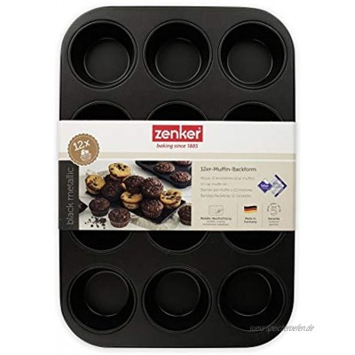 Zenker 12er-Muffinform Ø 7 cm BLACK METALLIC Muffinbackform aus Stahlblech Backblech mit Antihaftbeschichtung Farbe: Schwarz Metallic Menge: 1 Stück