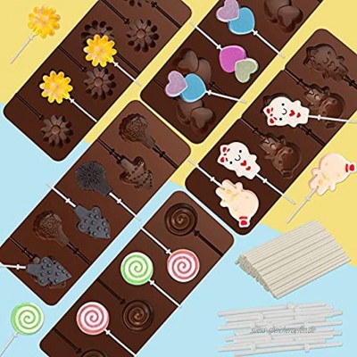 BUZIFU 5 Stück Lollipop Schokolade Silikonform mit 6 Löchern Silikon Lutscher Formen DIY Süßigkeiten Schimmel Silikon-Backform und 100 Lollypop Sticks für Süßigkeiten Kuchen Schokolade Gelee Backen