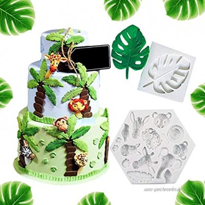 Set mit 2 Dschungel-Safari-Tier-Kuchenformen Fondant-Form tropische Blätter Schokolade Süßigkeiten Formen für Zucker Kuchen Dekoration Dschungeltiere Geburtstagsparty Babyparty