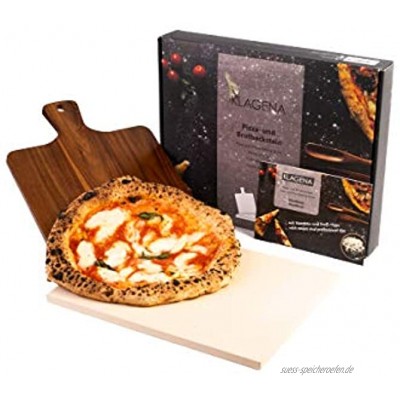 KLAGENA Pizzastein-Set für Backofen & Grill inkl. Pizzastein & Pizzaschaufel aus hochwertigem Akazienholz Brotbackstein-Set aus Cordierit 38x30x1,5 cm